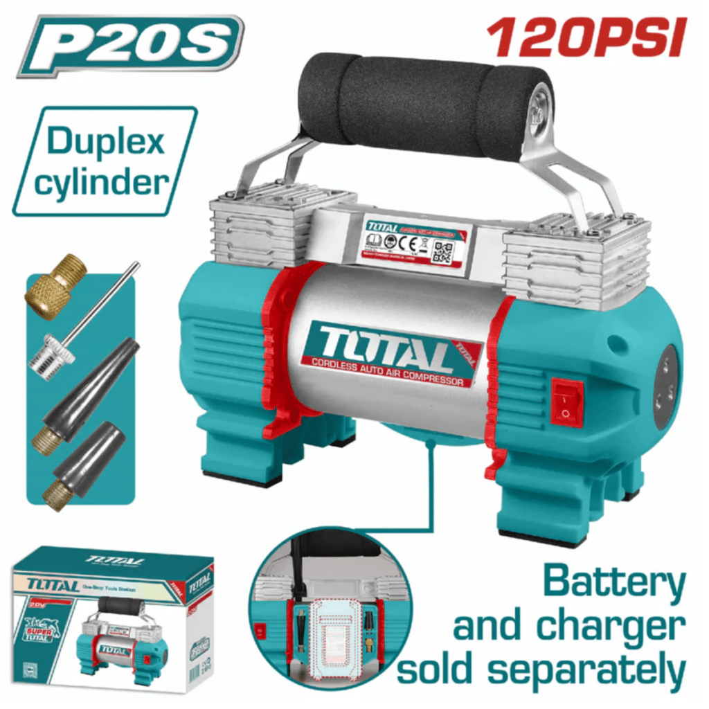 MINI COMPRESORA P/AUTO 20V DOBLE CILINDRO 120PSI 45L/MIN LED INDUSTRIA – TACLI2026