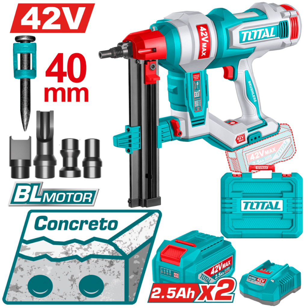 CLAVADORA CONCRETO 42V BLMOTOR R:19-40MM +1000 CLAVOS 2X2.5AH +ACC M – TCNLI420602