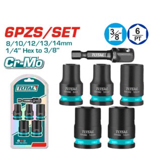 SET DADOS IMPACTO CORTO 6PCS CR-MO 8/10/12/13/14 + ADAPTADOR 1/4 HEX - THKISD38062