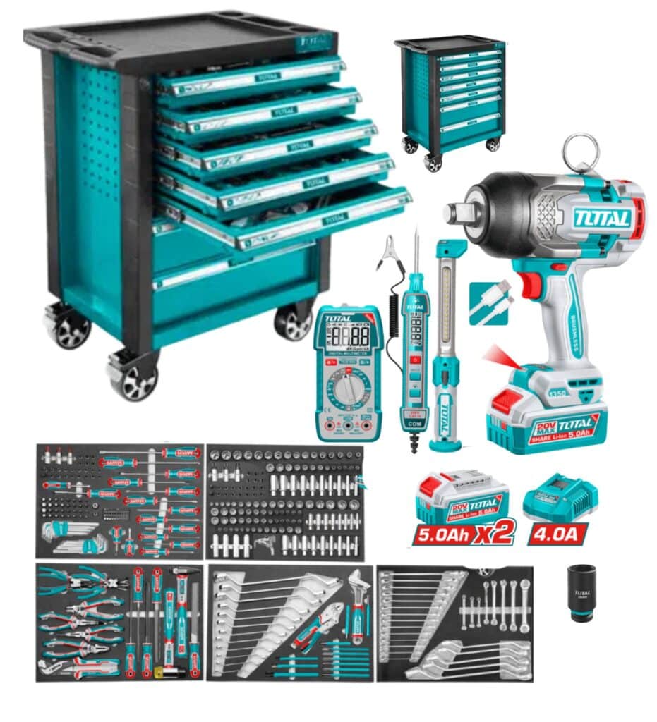 CARRO PORTA HERRAMIENTAS 288PCS 7 CAJONES + LLAVE IMPACTO 5AHX2 1350NM 288PCS TOTAL – THPTCS82882