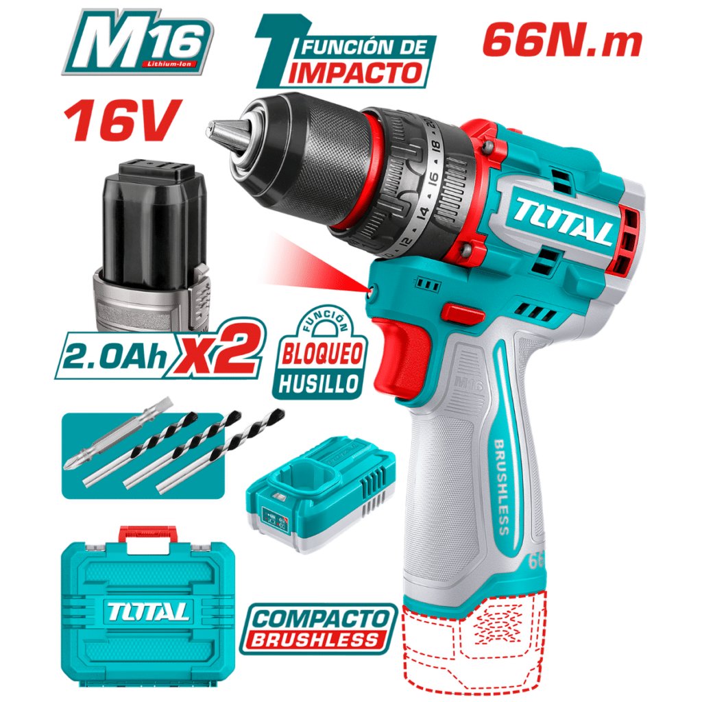 TALADRO PERCUTOR 16V 66NM 13MM 22+1+1 2X2.0AH + ACC + MALETIN INDUST – TIDLI166062