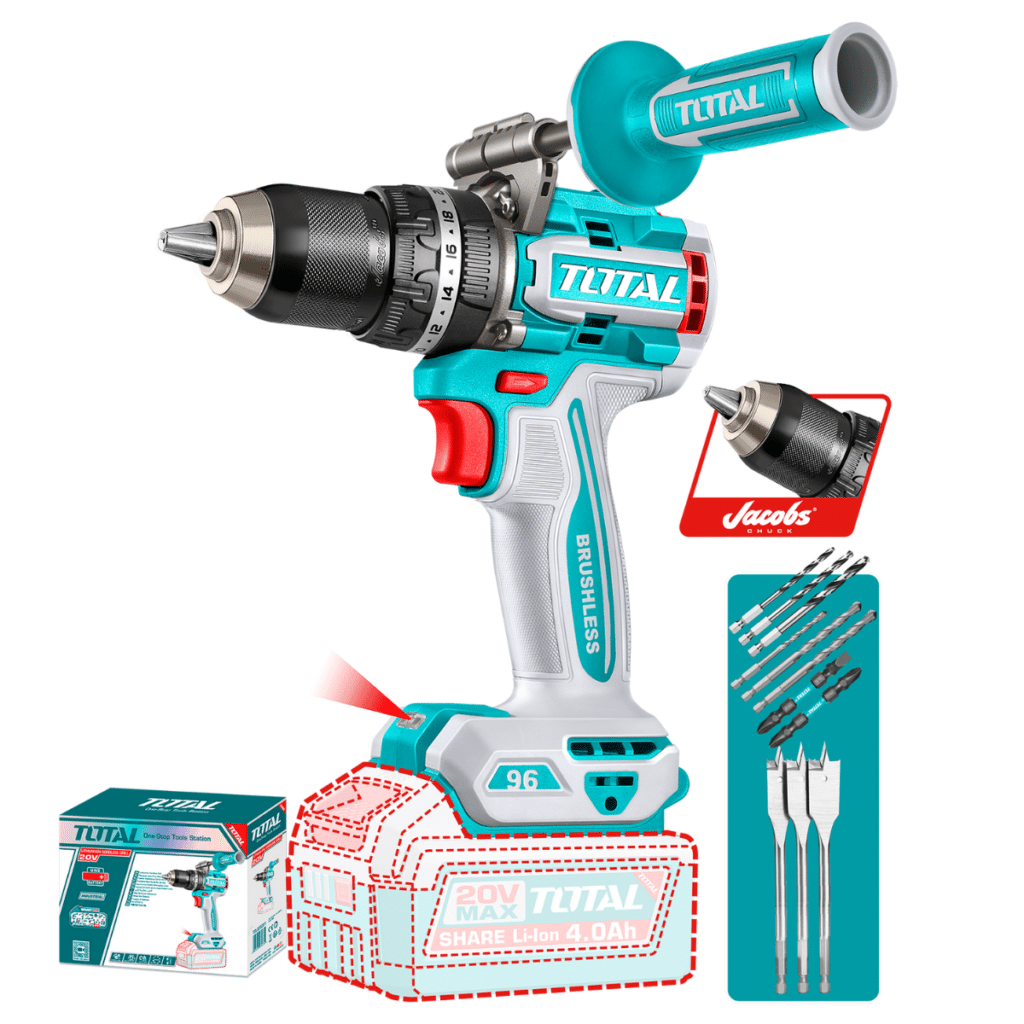 TALADRO PERCUTOR LI-ION 20V 96NM 13MM BRUSHLESS +ACC Y MANGO MALETIN – TIDLI209685