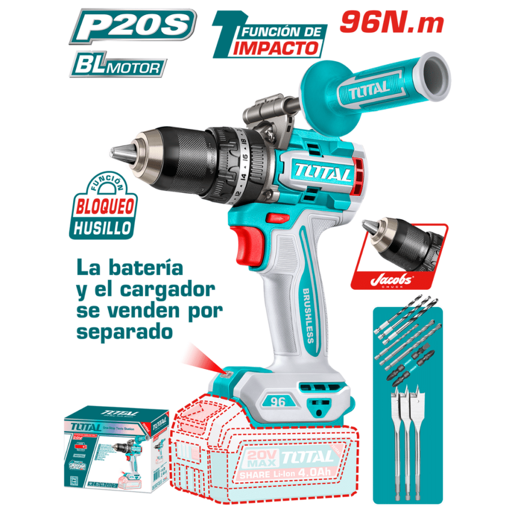 TALADRO PERCUTOR LI-ION 20V 96NM 13MM BRUSHLESS +ACC Y MANGO MALETIN – TIDLI209685