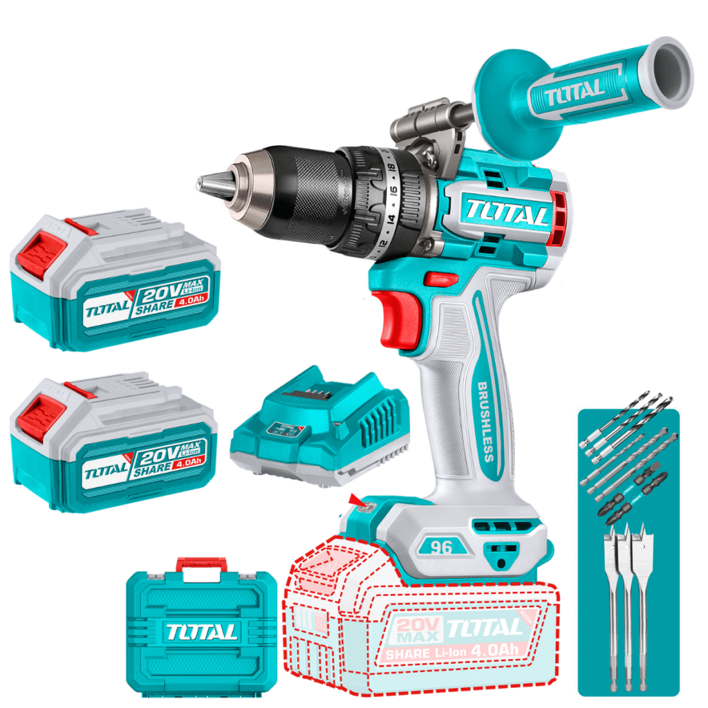 TALADRO PERCUTOR LI-ION 20V 96NM 13MM 2×4.0AH BRUSHLESS +ACC Y MANGO – TIDLI209686