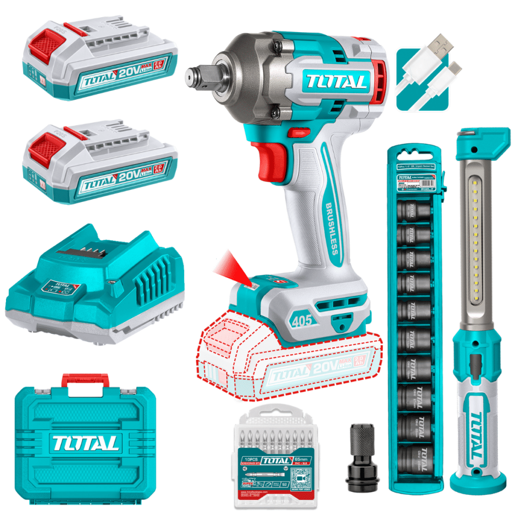 COMBO 2EN1 LLAVE IMPACTO 405NM + LINTERNA 2X2.0AH MALETIN + ACC INDUS – TOSLI23056