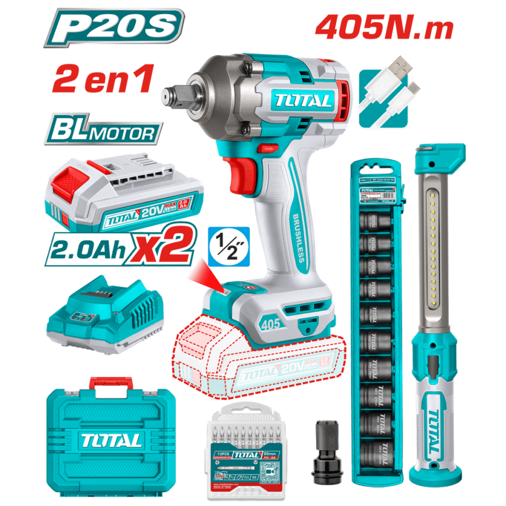 COMBO 2EN1 LLAVE IMPACTO 405NM + LINTERNA 2X2.0AH MALETIN + ACC INDUS – TOSLI23056
