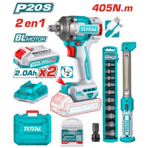 COMBO 2EN1 LLAVE IMPACTO 405NM + LINTERNA 2X2.0AH MALETIN + ACC INDUS - TOSLI23056