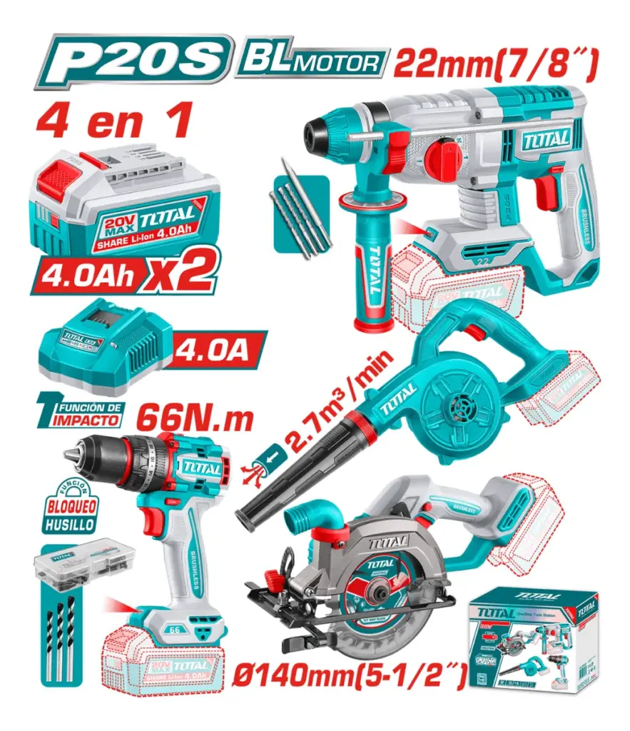 COMBO 4 EN 1 ROTOMARTILLO 22MM + TALADRO IMP. 66NM + SOPLADOR + SIER – TOSLI250695