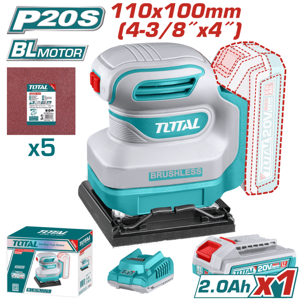 LIJADORA ORBITAL 20V BRUSHLESS 12000RPM 110X100MM 1X2.0AH + ACC INDU – TSHSLI20241