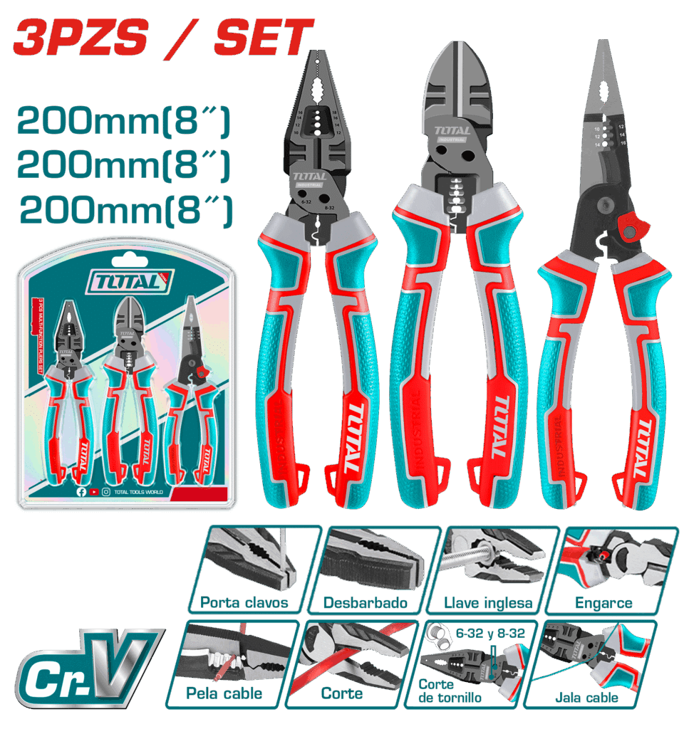 SET DE ALICATES 3PCS CR-V 200MM(8») (ONE TIME) INDUSTRIAL – THT2MK231