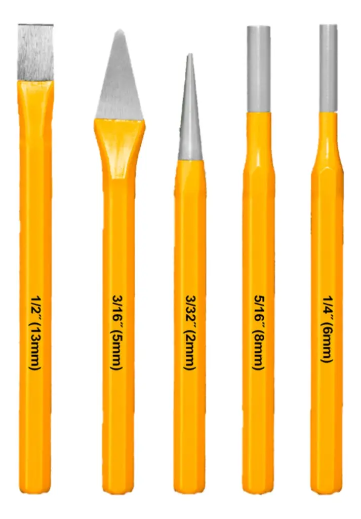 SET DE CINCELES Y PUNZONES 5PCS ACERO 40CR 10MM(3/8») CORTE EN FRIO – JDCC8395