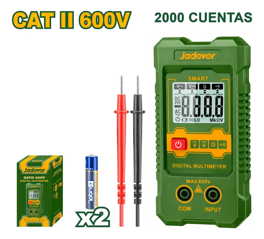 MULTIMETRO DIGITAL 2000 CONTEOS CAT II 600V LCD AC/DC SMART FUNC. 2XAAA – JDDM1501