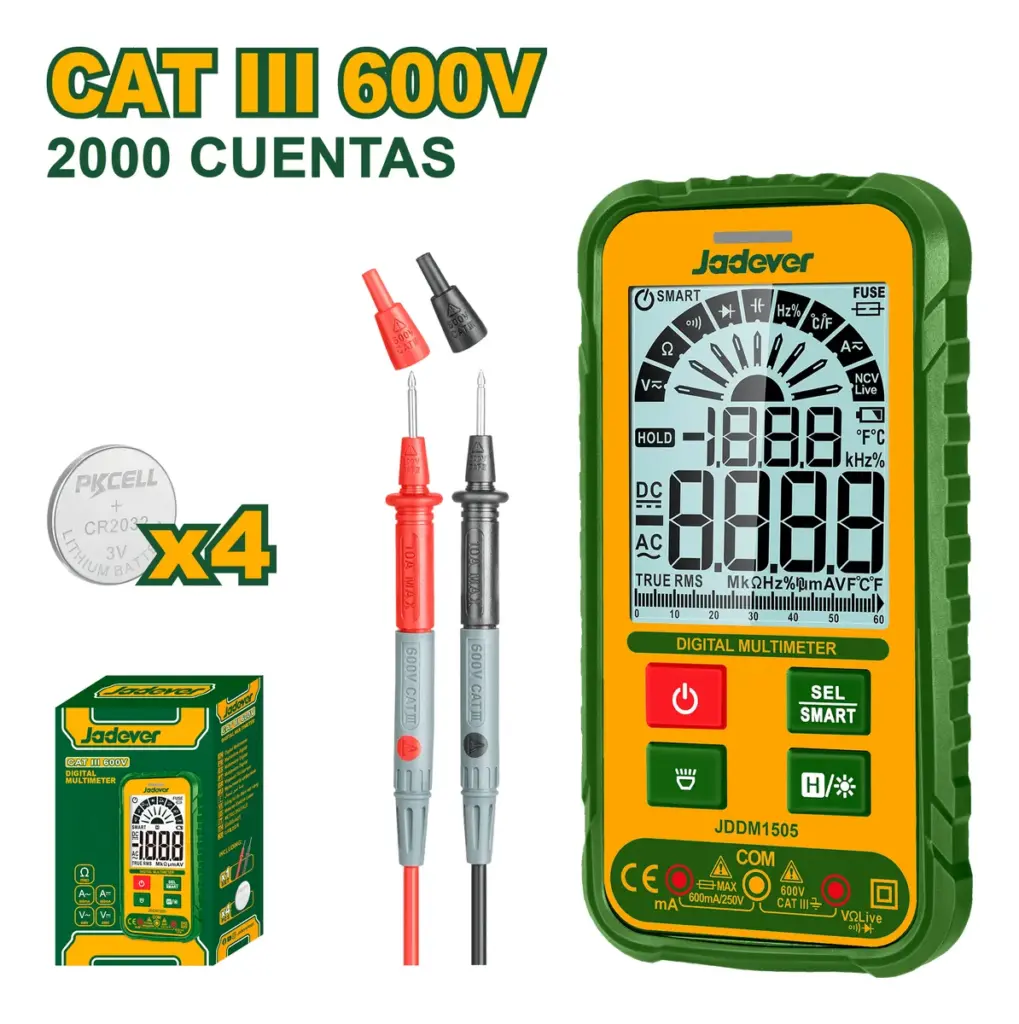 MULTIMETRO DIGITAL 2000 CONTEOS CAT III 600V SMART AC/DC – JDDM1505