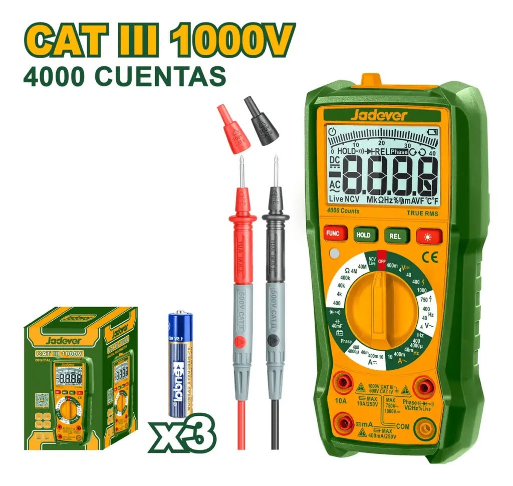 MULTIMETRO DIGITAL 4000 CONTEOS AC/DC CAT III 1000V RE:40 OHM CAP:100MF – JDDM2502