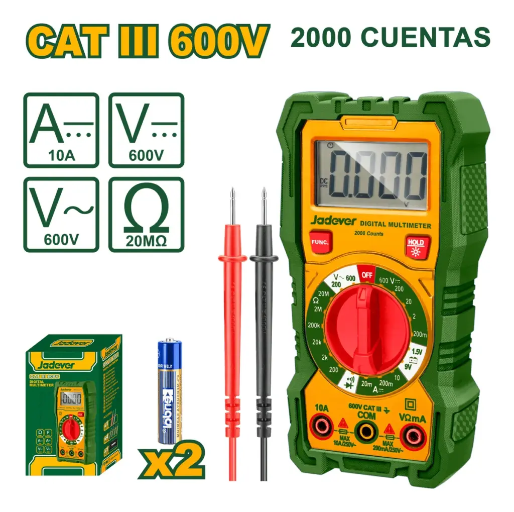 MULTIMETRO DIGITAL 2000 CONT. AC/DC CAT III AC:200-600V C:10A RE:20 MOH – JDDM2508