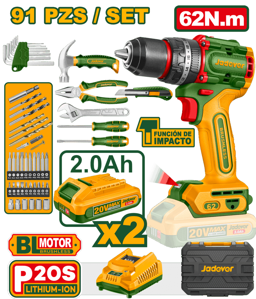 JDDT4B91 COMBO TALADRO 20V 62NM 2X2.0AH + HERRAMIENTAS MALETIN (91PCS) – JDDT4B91