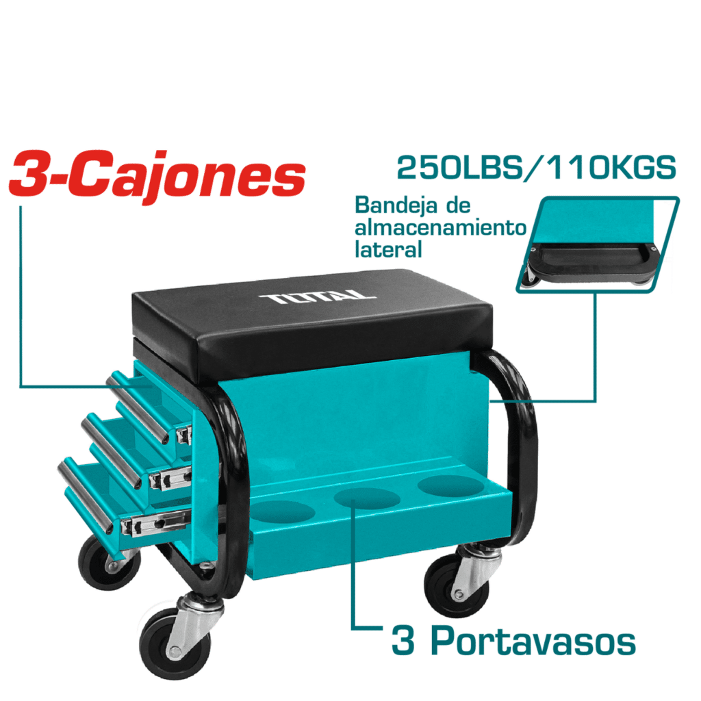 ASIENTO CON RUEDAS 3 CAJONES + 3 PORTA OBJETOS 250LBS INDUSTRIAL – THCS103