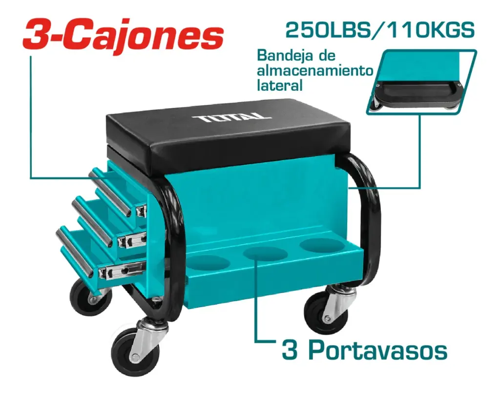 ASIENTO CON RUEDAS 3 CAJONES + 3 PORTA OBJETOS 250LBS INDUSTRIAL – THCS103