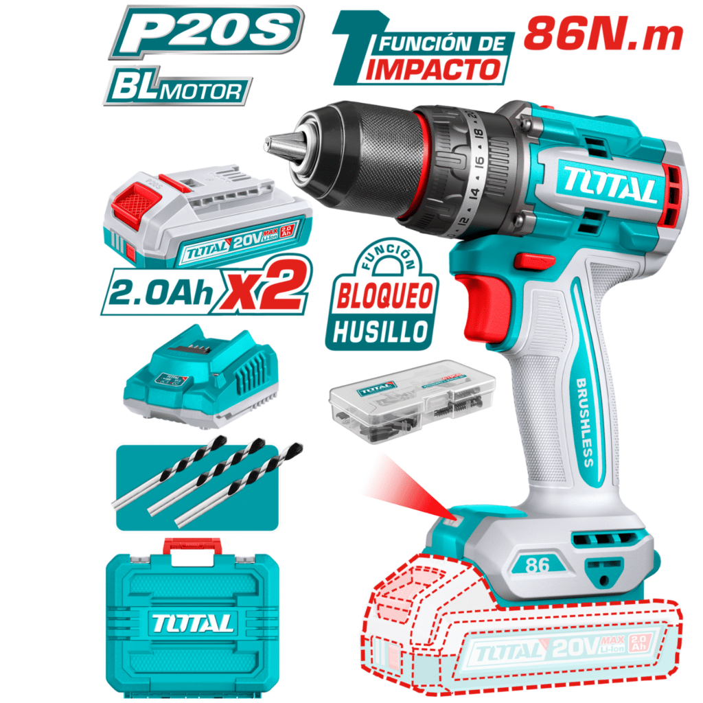 TALADRO PERCUTOR 20V BL 86NM 13MM 20+1+1 B:2X4.0AH +ACC MALETIN INDUSTRIAL – TIDLI208687