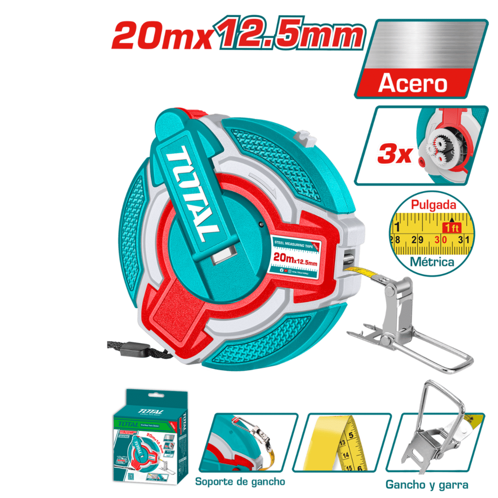 CINTA METRICA FIBRA DE VIDRIO 20M X 12.5MM + GANCHO VELOCIDADX3 INDUST – TMTF18206