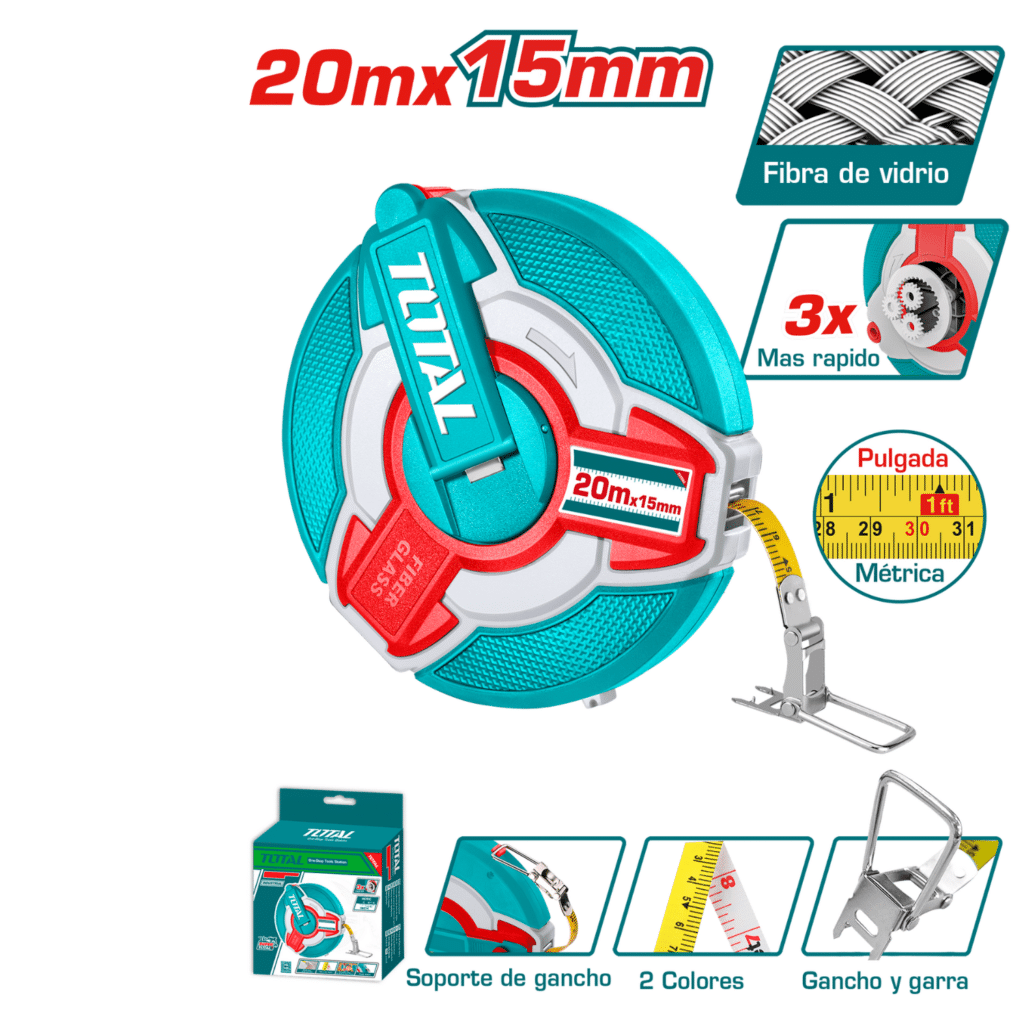 CINTA METRICA ACERO 20M X 12.5MM + GANCHO VELOCIDADX3 INDUSTRIAL – TMT08206