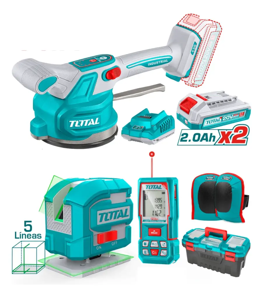 COMBO 3 EN 1. VIBRADOR BALDOSAS + MEDIDOR LASER 100M + NIVEL LASER 5L + ACC +2X2.0AH INDUSTRIAL – TOSLI250606