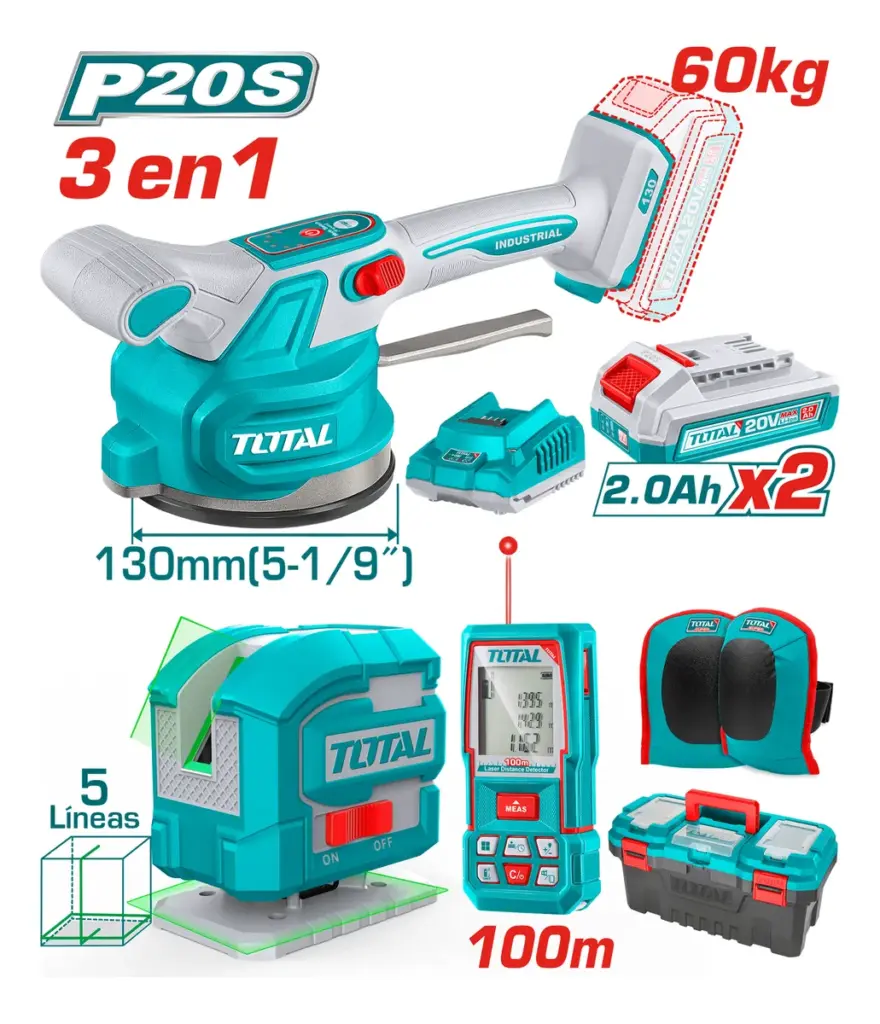 COMBO 3 EN 1. VIBRADOR BALDOSAS + MEDIDOR LASER 100M + NIVEL LASER 5L + ACC +2X2.0AH INDUSTRIAL – TOSLI250606