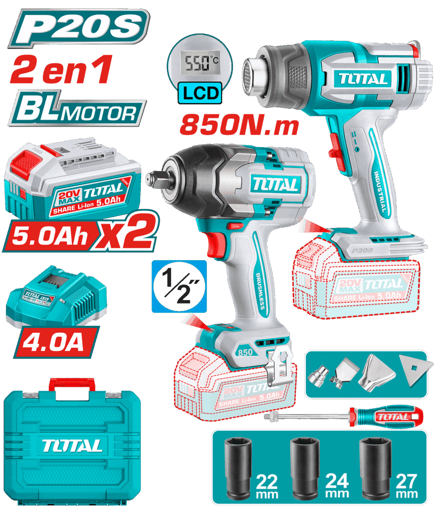 COMBO 2 EN 1 20V PISTOLA CALOR + LLAVE IMPACTO 850NM 2X5.0AH MALETIN + ACC INDUSTRIAL – TOSLI250983