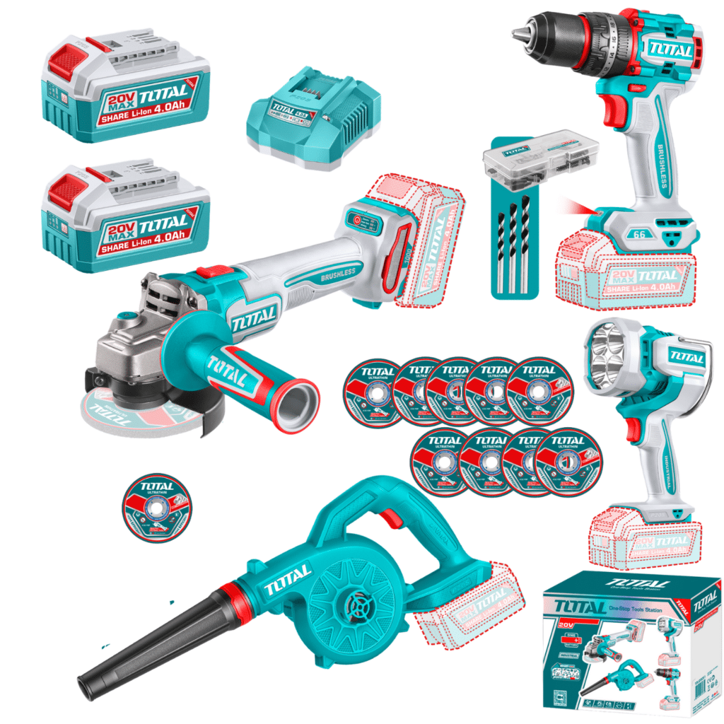COMBO 4 EN 1. 20V TALADRO 66NM + AMOLADORA 1000W + SOPLADORA + LINTERNA + ACC 2X4.0AH INDUSTRIAL – TOSLI250993