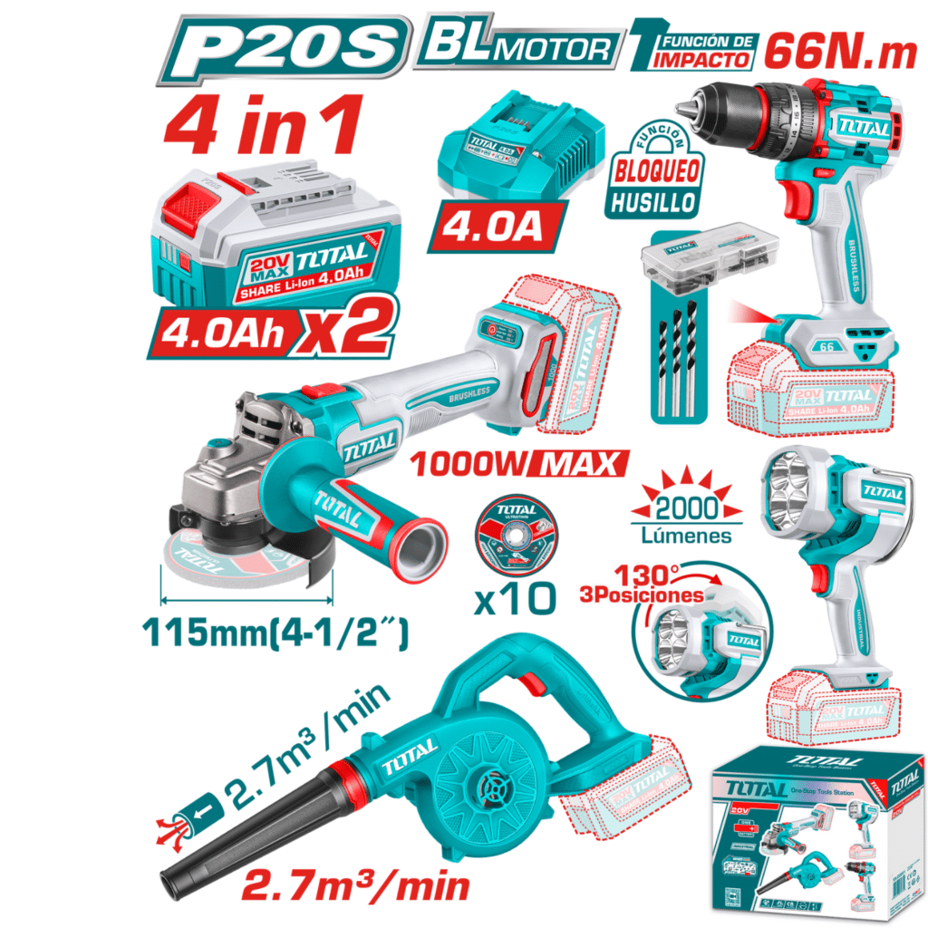 COMBO 4 EN 1. 20V TALADRO 66NM + AMOLADORA 1000W + SOPLADORA + LINTERNA + ACC 2X4.0AH INDUSTRIAL – TOSLI250993