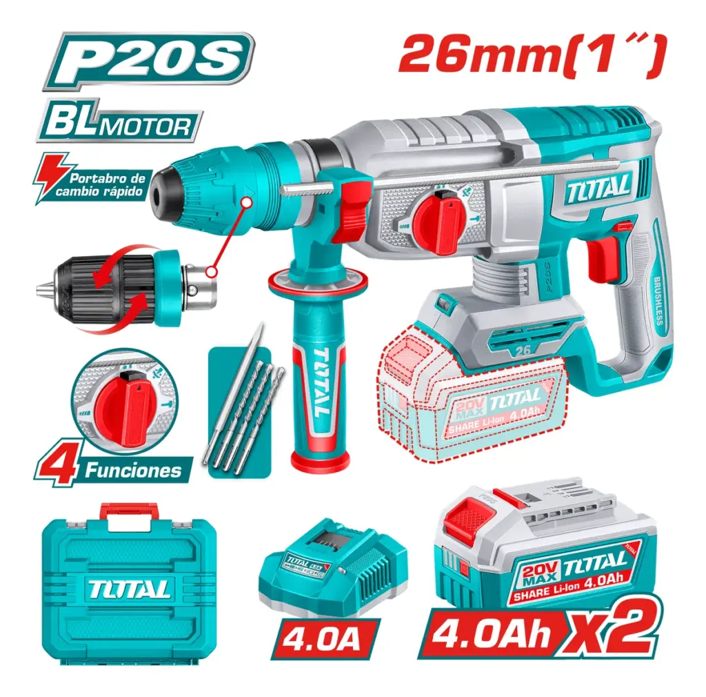 ROTOMARTILLO SDS+ 26MM 20V BL 2.5J 0-50000BPM 2X4.0AH 4FUN EXTR-CHUCK +ACC INDUSTRIAL – TRHLI202689