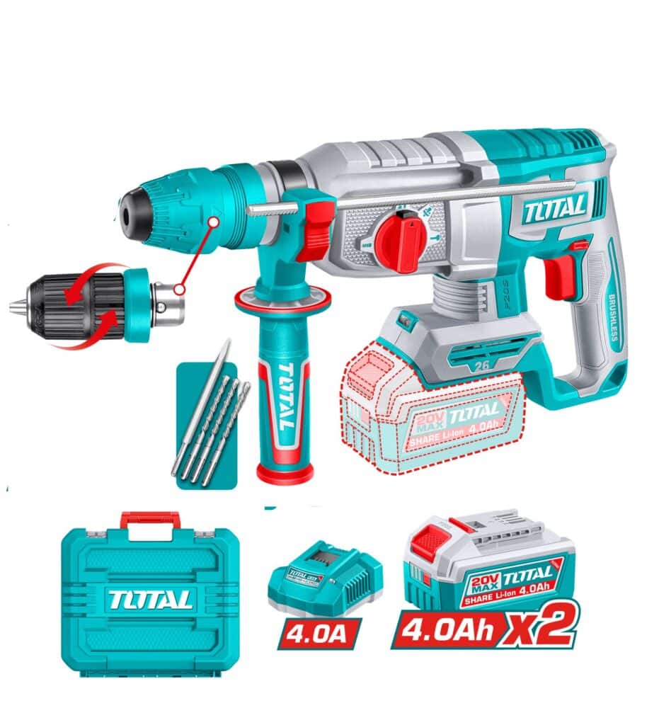 ROTOMARTILLO SDS+ 26MM 20V BL 2.5J 0-50000BPM 2X4.0AH 4FUN EXTR-CHUCK +ACCESORIOS INDUSTRIAL TOTAL- TRHLI202689