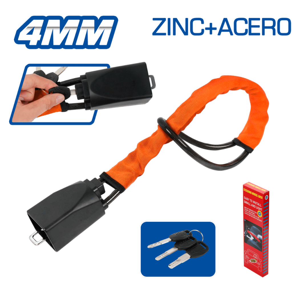 SEGURO DE TIMÓN CON LLAVE MAT:ZINC + ACERO 4.0MM FUERZA 8.5KN NARANJA – E16121OR