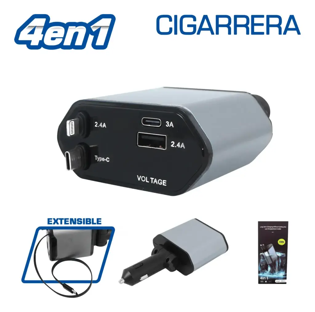 CARGADOR USB 4 EN 1 PARA CIGARRERA AUTO UNIVERSAL – SF-25199
