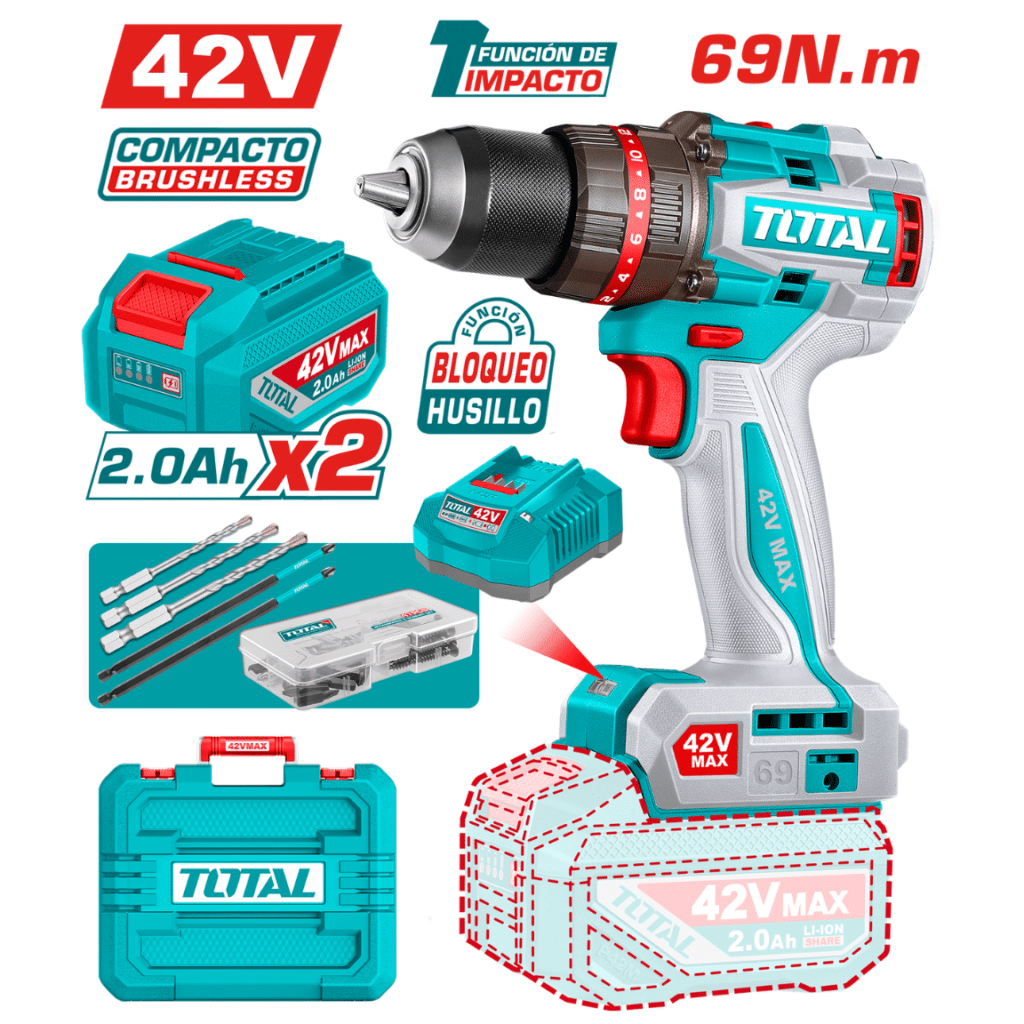 TALADRO PERCUTOR 42V 69NM 13MM 2X2.0AH BRUSHLESS +ACC MALETIN INDUSTRIAL – TIDLI426982