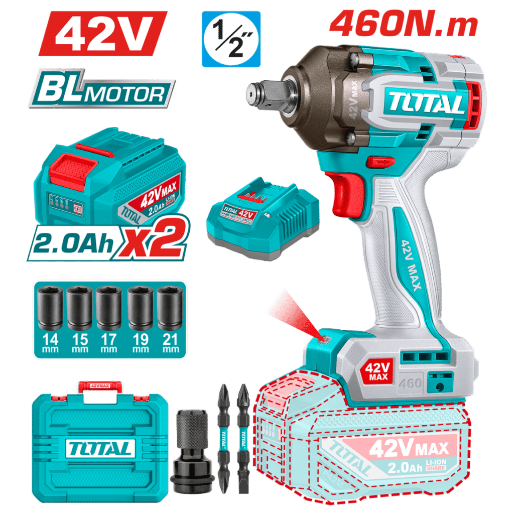 LLAVE IMPACTO BL 42V 460NM 1/2» 2900BPM BL 2X2.0AH +ACC MALETIN INDUSTRIAL – TIWLI42462