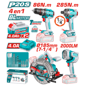 COMBO (4EN1) 20V BL TALADRO 86NM + ATORNILLADOR IMP 285NM + SIERRA 185MM + LINTERNA 2000LM +ACC INDUSTRIAL - TOSLI251082