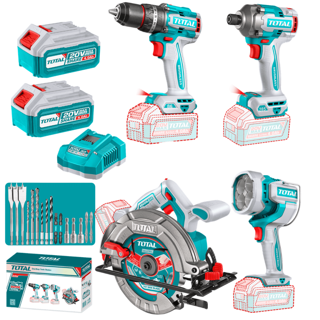 COMBO (4EN1) 20V BL TALADRO 86NM + ATORNILLADOR IMP 285NM + SIERRA 185MM + LINTERNA 2000LM +ACC INDUSTRIAL – TOSLI251082