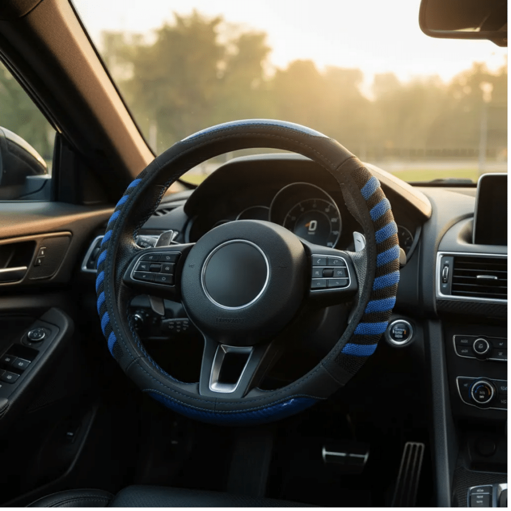 CUBRE VOLANTE PU 38CM 600G NEGRO+AZUL – SF-25111 BL