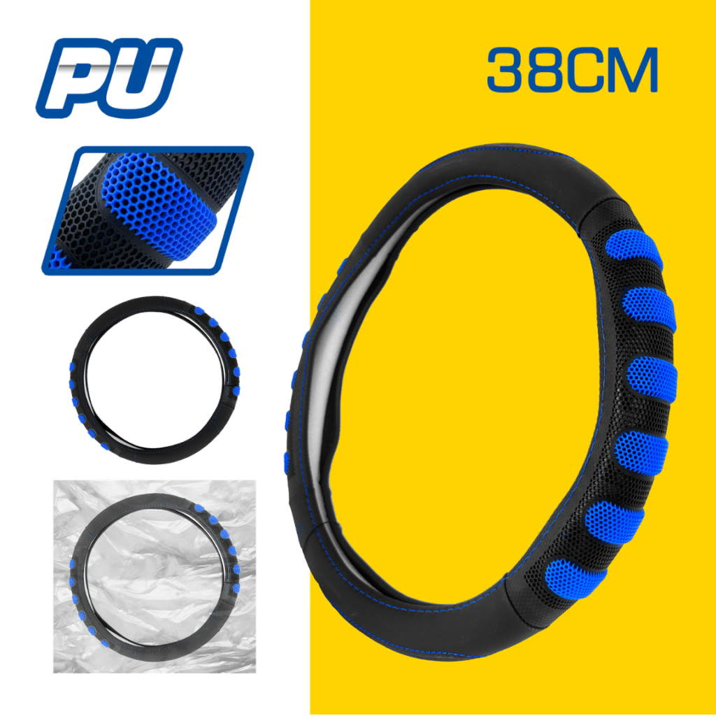 CUBRE VOLANTE PU 38CM 600G NEGRO+AZUL – SF-25113-BL