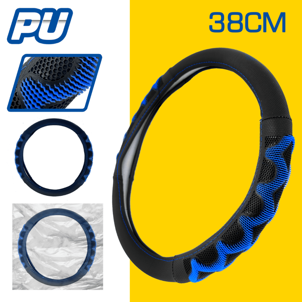 CUBRE VOLANTE PU 38CM 600G NEGRO+AZUL – SF-25114 BL