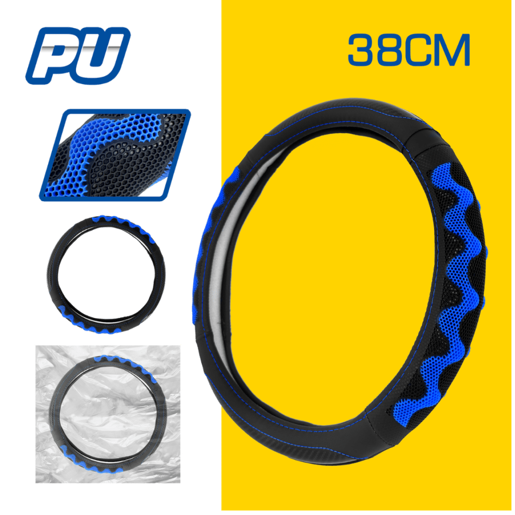 CUBRE VOLANTE PU 38CM 600G NEGRO+AZUL – SF-25115 BL