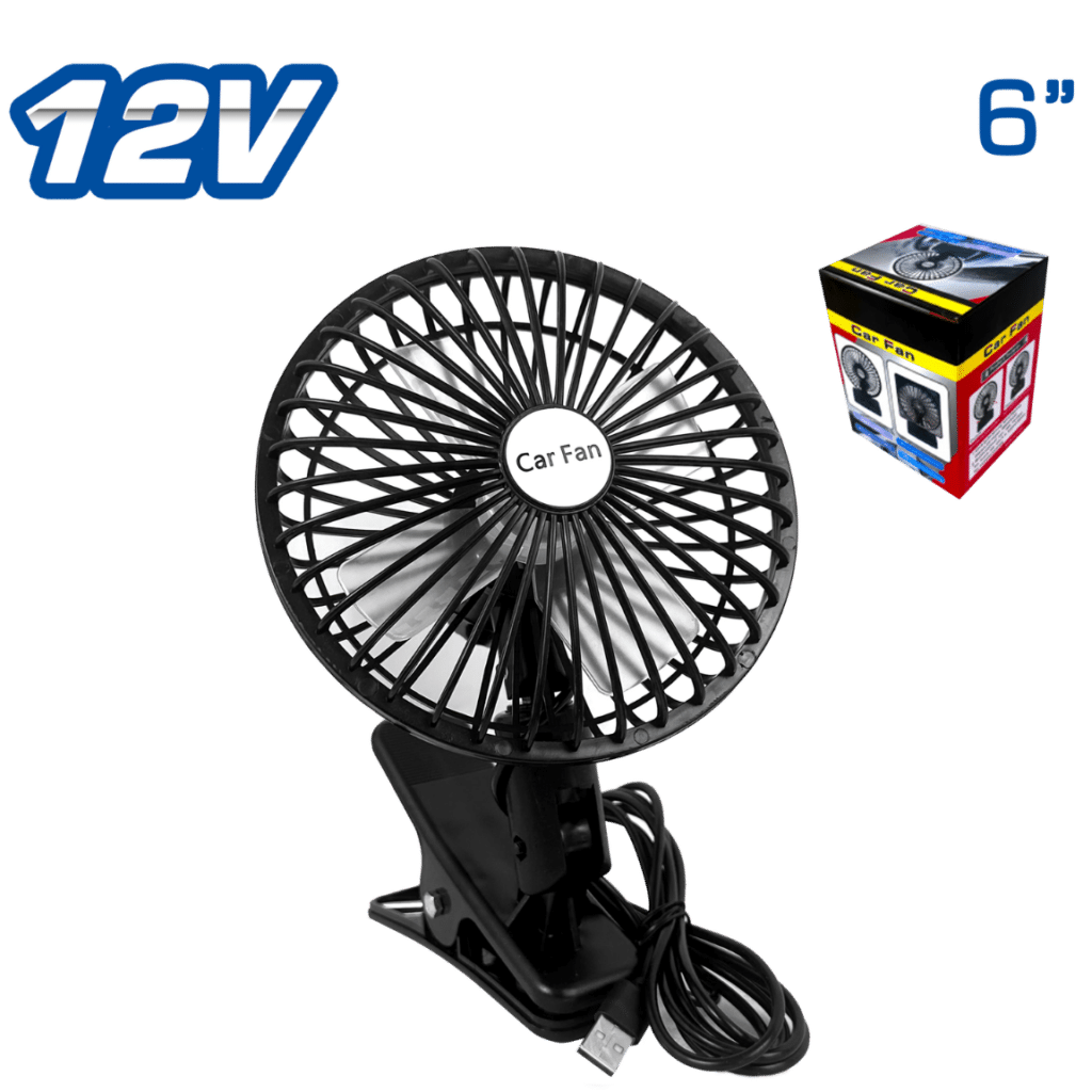 VENTILADOR PARA AUTO/CAMIONETA 12V 7W 6» TYPE-USB C/CLIP NEGRO – SF-25123
