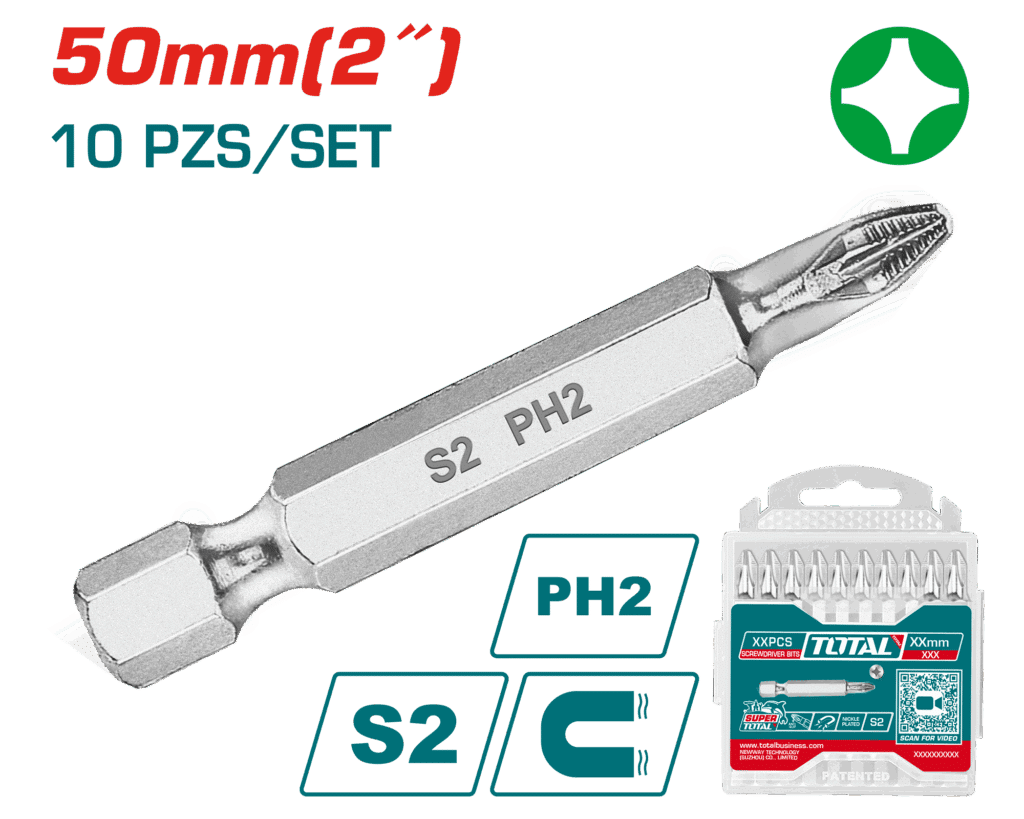 SET DE PUNTAS S2 (PH2) 50MM 10PCS/SET NIQUELADO MAGNETICO INDUSTRIAL – TAC16PH223