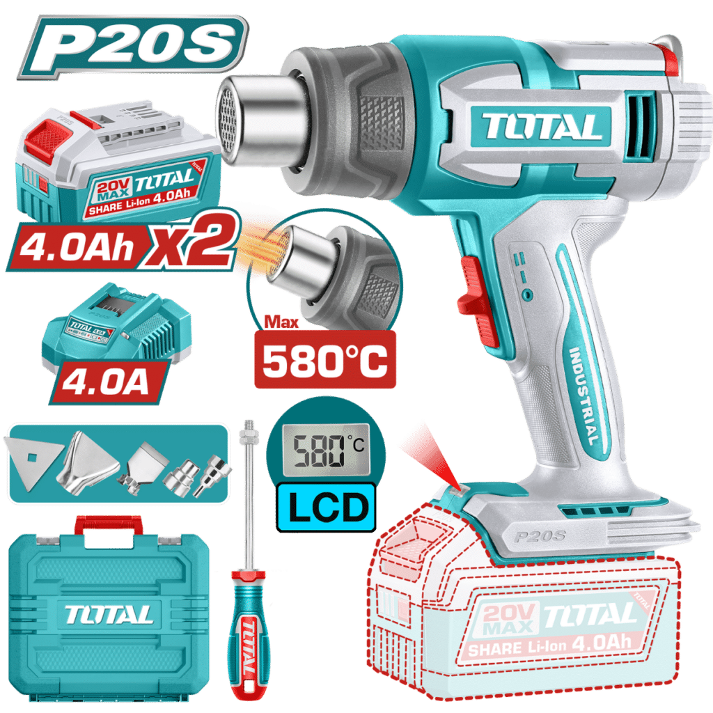 PISTOLA CALOR 20V 30-580C LCD 100/200 L/MIN 2X4.0AH +ACC MALETIN IND – TBLI20582