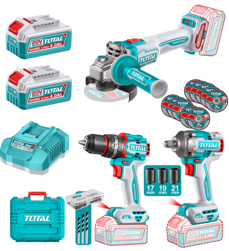 COMBO 3EN1 20V TALADRO 66NM + LLAVE 405NM + AMOLADORA 1200W 2X4.0AH + ACC MALETIN INDUSTRIAL – TCKLI20358