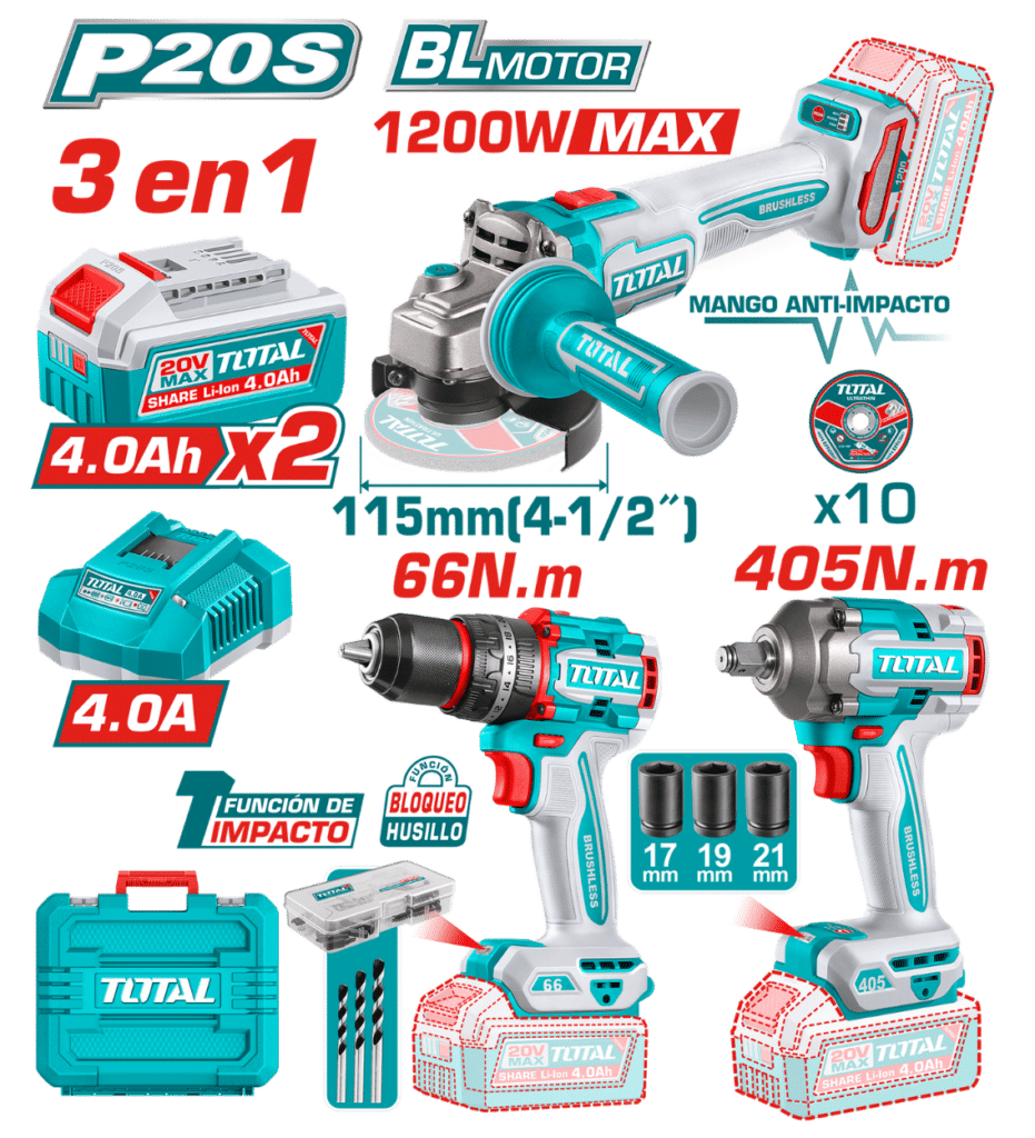 COMBO 3EN1 20V TALADRO 66NM + LLAVE 405NM + AMOLADORA 1200W 2X4.0AH + ACC MALETIN INDUSTRIAL – TCKLI20358