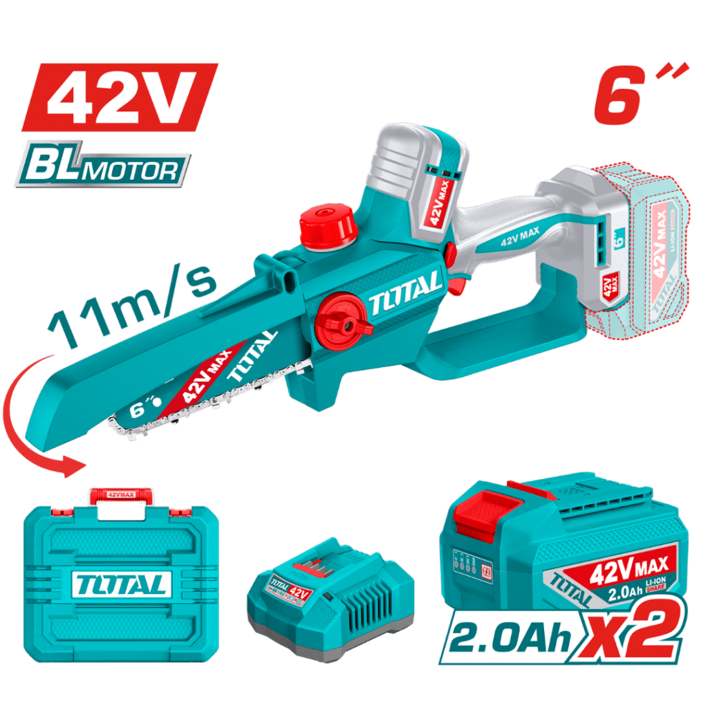 SIERRA DE CADENA LI-ION 42V 6» BLMOTOR 2X2.0AH + MALETIN INDUSTRIAL – TGSLI42681