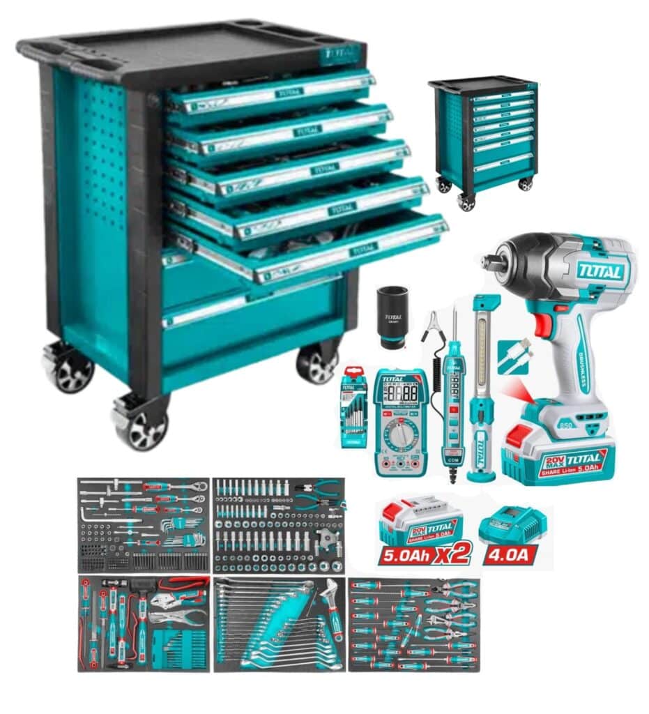 CARRO PORTA HERRAMIENTAS 396PCS 7 CAJONES + HERRAMIENTAS + LLAVE IMPACTO 20V 850NM – THPTCS83962
