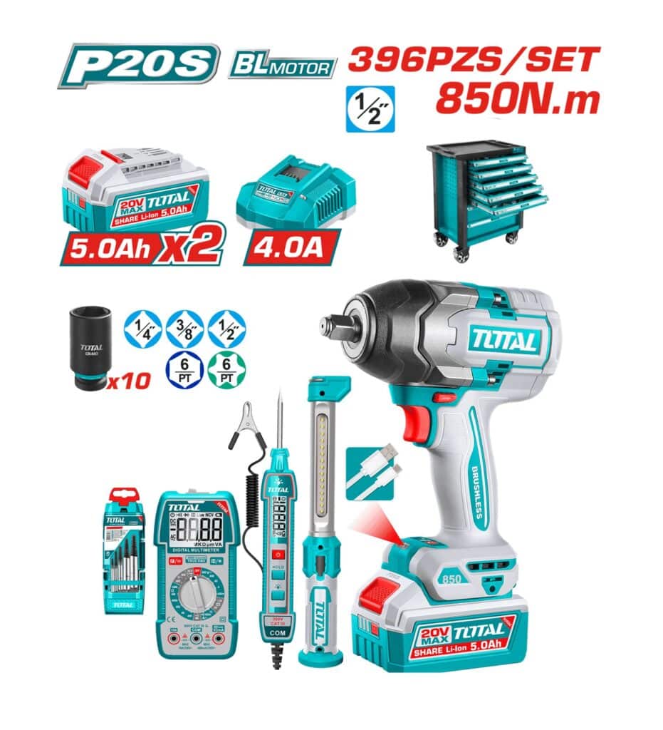 CARRO PORTA HERRAMIENTAS 396PCS 7 CAJONES + HERRAMIENTAS + LLAVE IMPACTO 20V 850NM – THPTCS83962